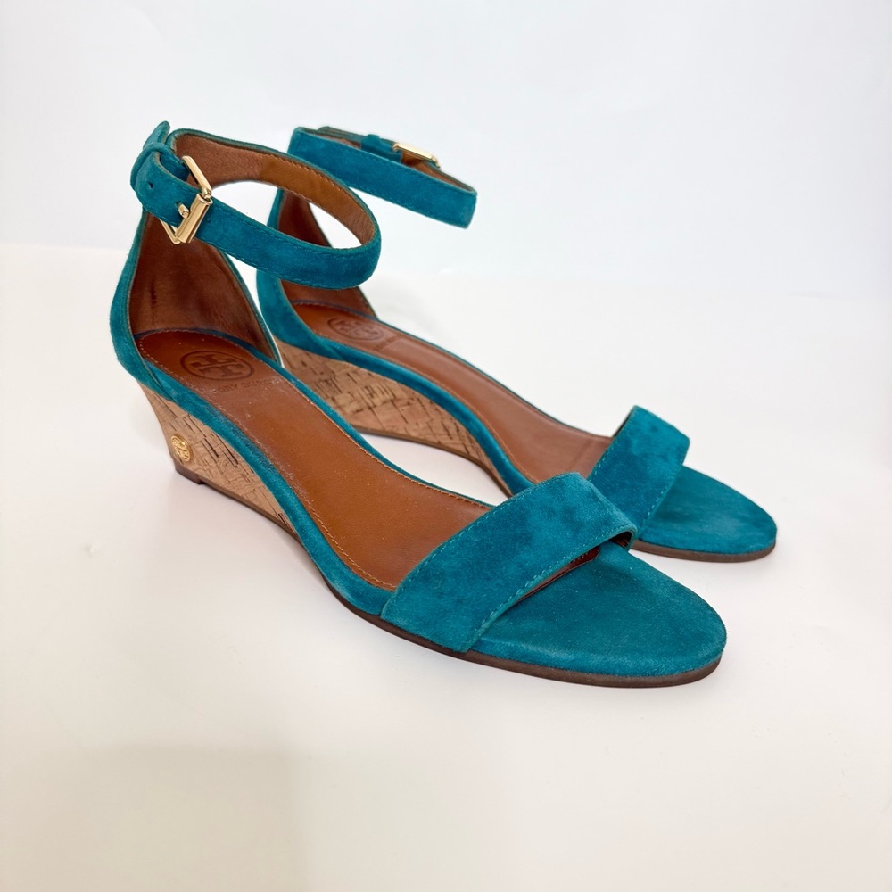 Tory Burch Teal Suede Wedge Sandals Size 6